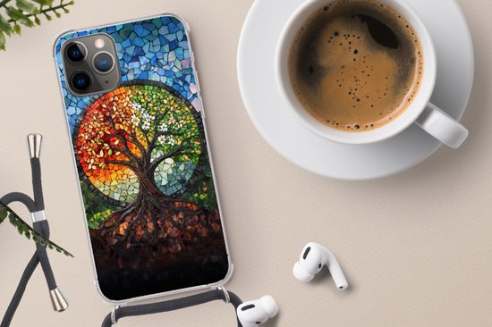 Telefoonhoesje Geschikt voor iPhone 13 Pro Max - Boom - Seizoenen - Mozaïek - Bergen - Siliconen - Crossbody - Backcover met Koord - Telefoonhoesje met koord - Hoesje met touw Telefoonhoesje