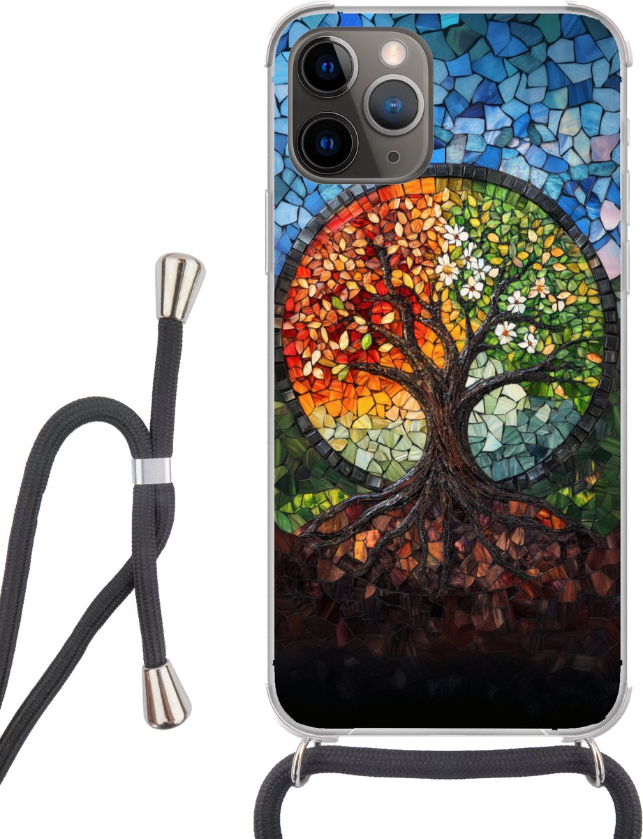 Telefoonhoesje Geschikt voor iPhone 11 Pro - Boom - Seizoenen - Mozaïek - Bergen - Siliconen - Crossbody - Backcover met Koord - Telefoonhoesje met koord - Hoesje met touw Telefoonhoesje
