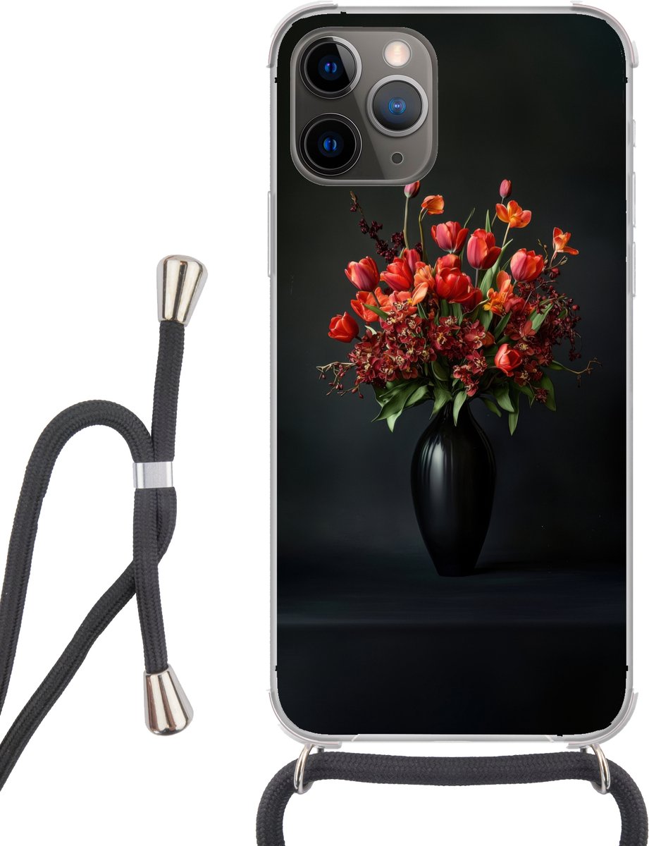 Telefoonhoesje Geschikt voor iPhone 12 pro crossbody - Boeket - Tulpen - Vaas - Rood - Siliconen - Crossbody - Backcover met Koord - Telefoonhoesje met koord - Hoesje met touw Telefoonhoesje