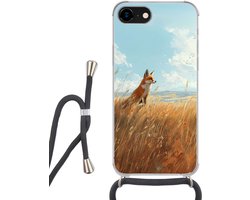 Telefoonhoesje Geschikt voor iPhone 8 - Vos - Gras - Wolken - Oranje - Siliconen - Crossbody - Backcover met Koord - Telefoonhoesje met koord - Hoesje met touw Telefoonhoesje