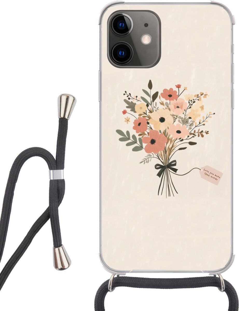 Telefoonhoesje Geschikt voor iPhone 11 - Bloemen - Quote - Beige - Lint - Siliconen - Crossbody - Backcover met Koord - Telefoonhoesje met koord - Hoesje met touw Telefoonhoesje