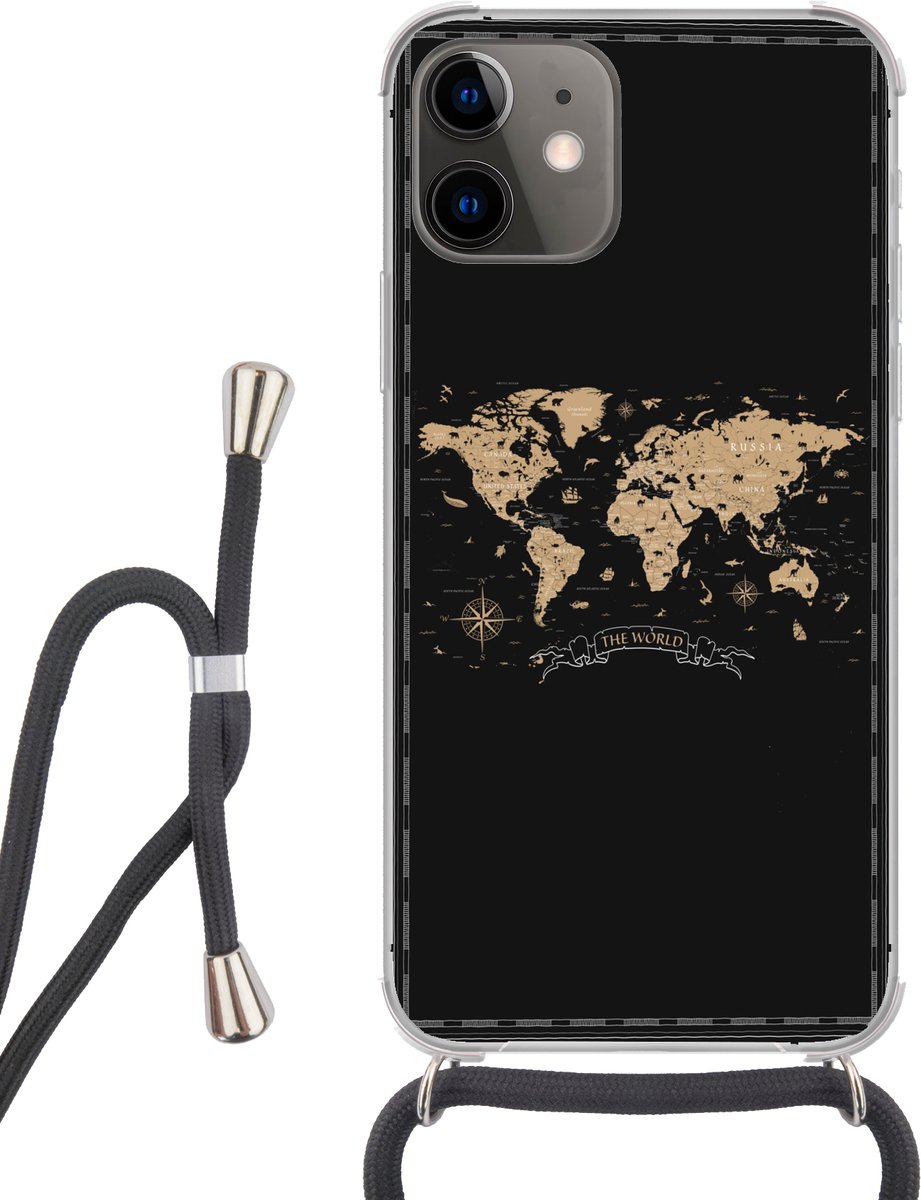 Telefoonhoesje Geschikt voor iPhone 12 Mini - Wereldkaart - Beige - Zwart - Siliconen - Crossbody - Backcover met Koord - Telefoonhoesje met koord - Hoesje met touw Telefoonhoesje