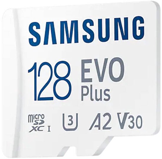 Witte Samsung 128GB EVO Plus microSDXC A2 V30 kaart met blauwe en grijze tekst.
