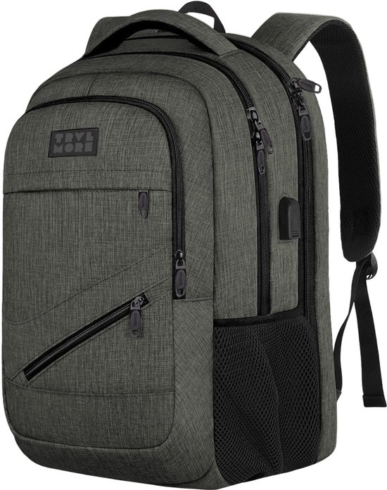 TRVLMORE Rugtas - 28L - 15,6 Inch - Laptop Rugzak met USB - Schooltas - Heren en Dames - Tas - Levenslange Garantie - Grijsgroen