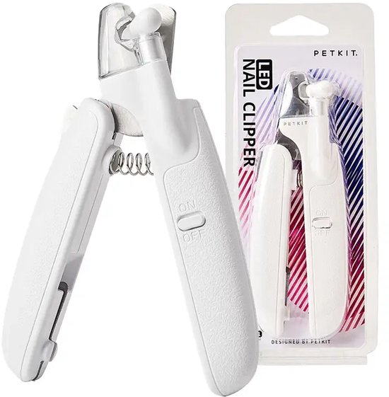 Witte PETKIT LED nagelknipper met aan/uit-schakelaar en batterijvak, met de knipper geopend.
