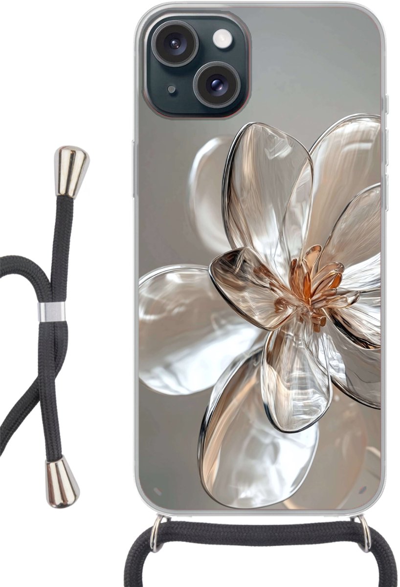 Telefoonhoesje Geschikt voor iPhone 15 - Bloem - Glazen - Doorzichtig - Siliconen - Crossbody - Backcover met Koord - Telefoonhoesje met koord - Hoesje met touw Telefoonhoesje