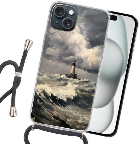 Coque de téléphone compatible avec iPhone 15 - Phare - Vagues - Storm - Siliconen - Bandoulière - Coque arrière avec cordon - Coque de téléphone avec cordon - Coque avec corde