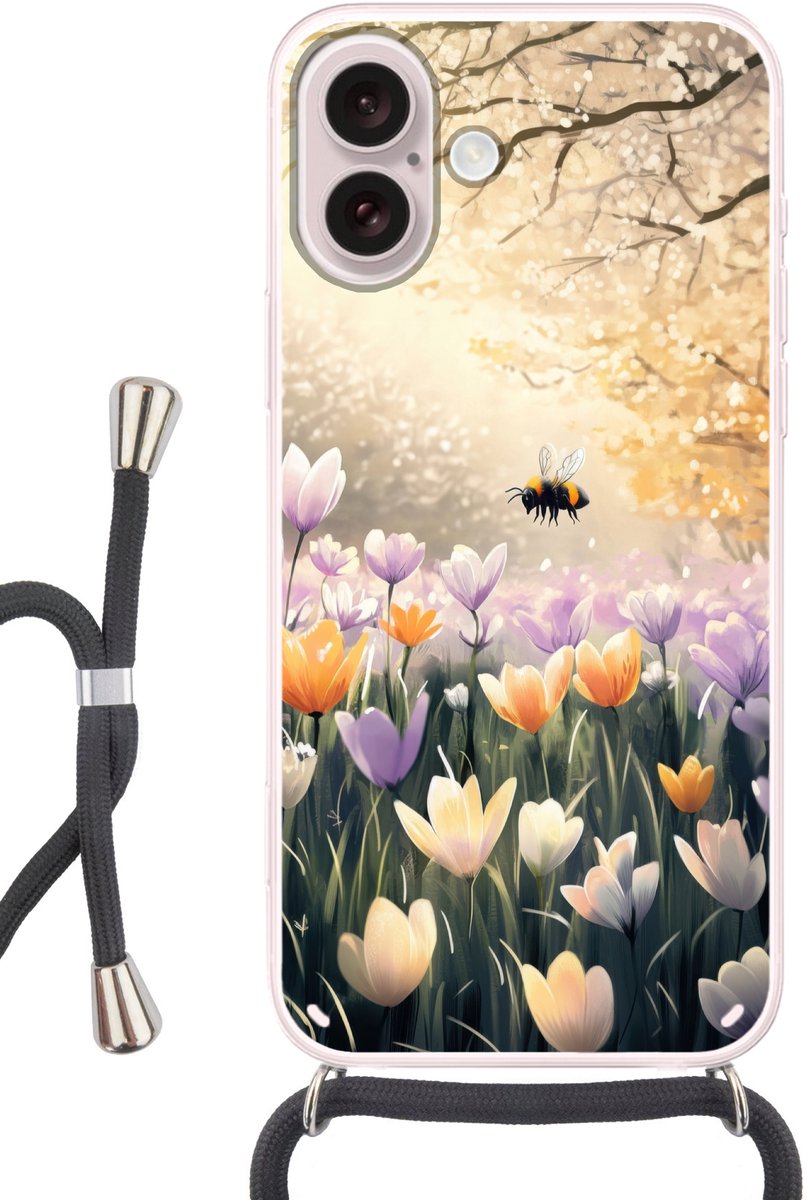 Telefoonhoesje Geschikt voor iPhone 16 - Viooltjes - bij - Zonlicht - Siliconen - Crossbody - Backcover met Koord - Telefoonhoesje met koord - Hoesje met touw Telefoonhoesje