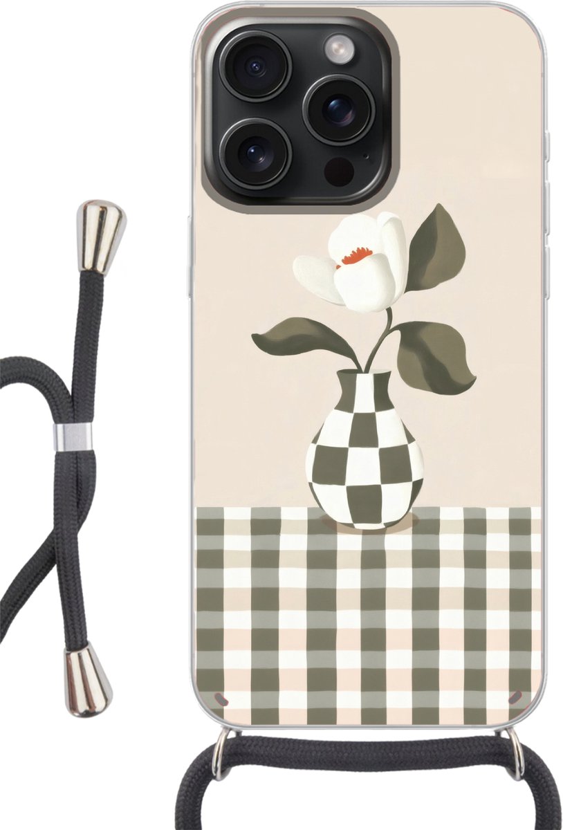 Telefoonhoesje Geschikt voor iPhone 15 Pro - Vaas - Geruit - Groen - Bloem - Siliconen - Crossbody - Backcover met Koord - Telefoonhoesje met koord - Hoesje met touw Telefoonhoesje
