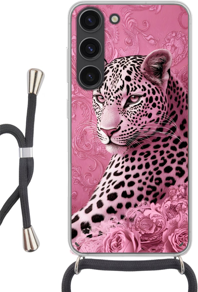 Telefoonhoesje Geschikt voor Samsung Galaxy S23 - Panter - Luxe - Roze - Siliconen - Crossbody - Backcover met Koord - Telefoonhoesje met koord - Hoesje met touw Telefoonhoesje