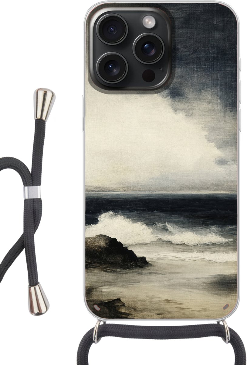 Telefoonhoesje Geschikt voor iPhone 15 Pro Max - Zee - Rotsen - Storm - Siliconen - Crossbody - Backcover met Koord - Telefoonhoesje met koord - Hoesje met touw Telefoonhoesje