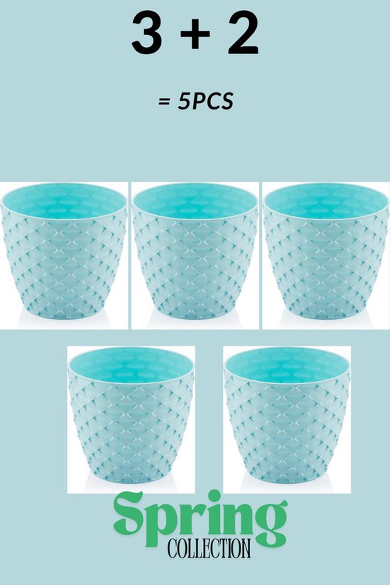 3+2 - Bloempotten - rond licht blauw met afwatering en wateropvang - 5 ronde blauwe sierpotten