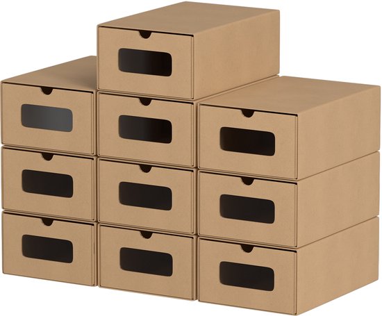 Coffret à chaussures 20 pièces - Coffre de rangement avec fenêtre et tiroir - Coffre à chaussures en carton kraft - Coffre à jouets Sneakerbox - Empilable et universel - Marron