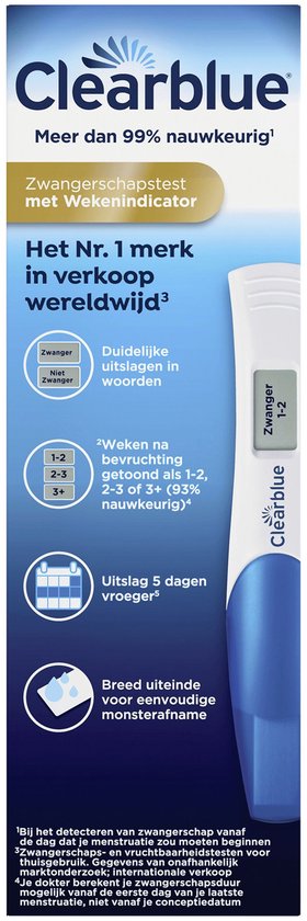Clearblue zwangerschapstest met wekenindicator. Toont "Zwanger 1-2". Uitslag "Zwanger" of "Niet Zwanger".