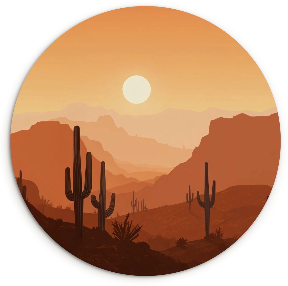 WallCircle Wandcirkel 120x120 cm - Muurcirkel Landschap - Woestijn - Cactussen - Zon - Muurdecoratie woonkamer - Wanddecoratie slaapkamer - Kamer decoratie accessoires - Ronde schilderijen