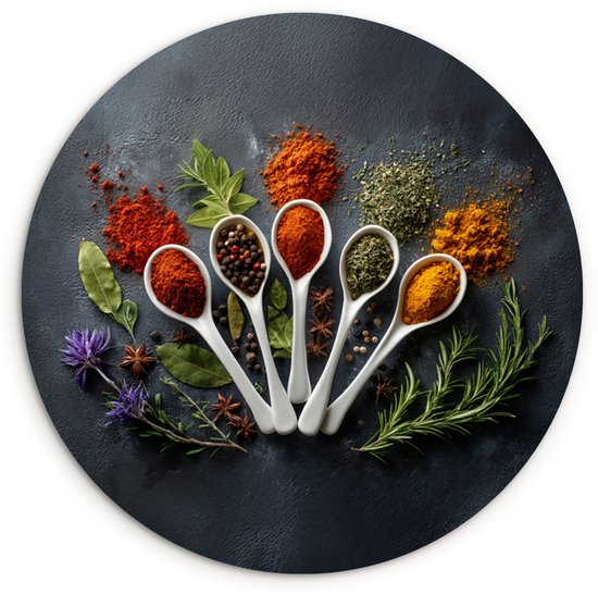 WallCircle® Cercle Mural 30x30 cm - Cercle Mural Cuillères - Wit - Poudre - Herbes - Décoration murale salon - Décoration murale chambre - Accessoires de décoration de chambre - Tableaux ronds