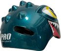 Zijkant van een blauwe dinosaurus kinderhelm met 'PRO SPORT LIGHTS' logo.