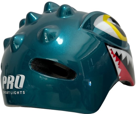 Zijkant van een blauwe dinosaurus kinderhelm met 'PRO SPORT LIGHTS' logo.