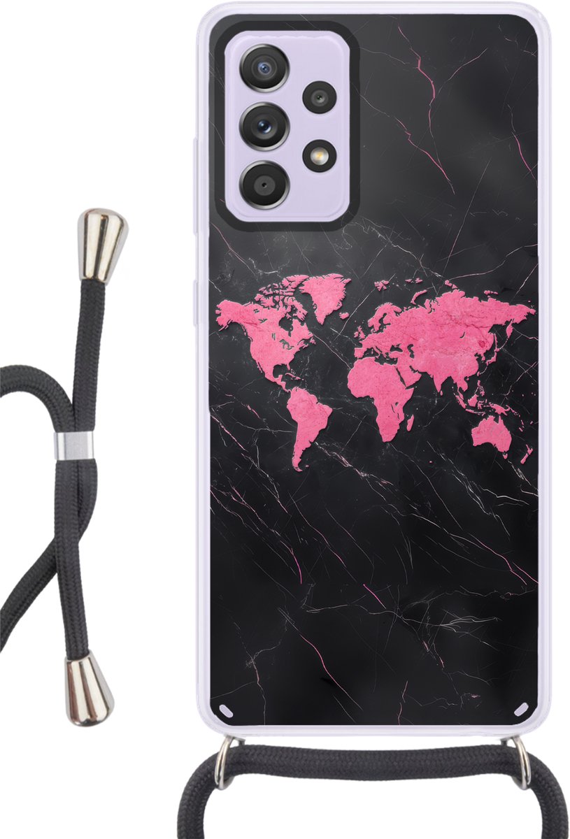 Telefoonhoesje Geschikt voor Samsung Galaxy A53 5G - Wereldkaart - Roze - Marmer print - Siliconen - Crossbody - Backcover met Koord - Telefoonhoesje met koord - Hoesje met touw Telefoonhoesje