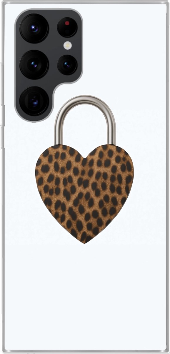 Telefoonhoesje Geschikt voor Samsung Galaxy S22 Ultra hoesje - Slot - Hartvormig - Bruin - Panterprint - Siliconen Telefoonhoesje Telefoonhoesje