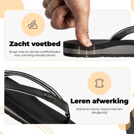 Close-up van zwarte teenslippers met zachte binnenzool en leren afwerking.