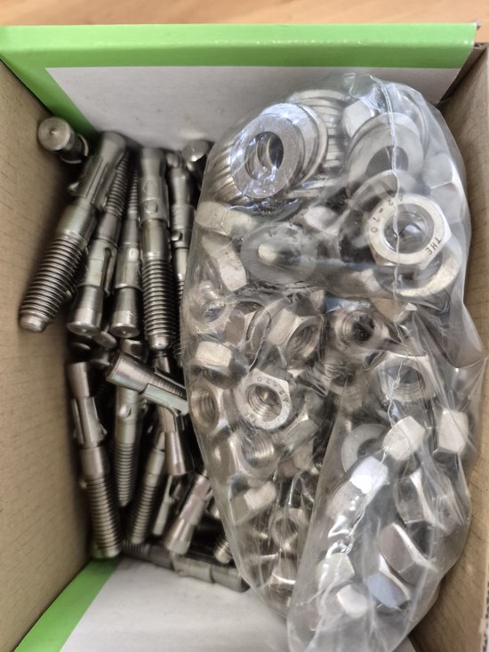 Een doos met 100 verzinkte M10 x 70mm doorsteekankers van Index, met een zak vol moeren en ringen.