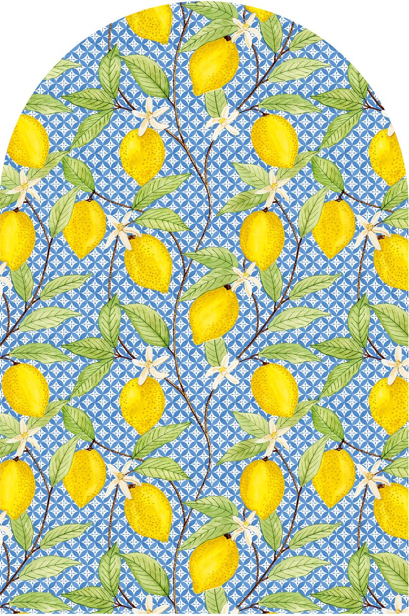 Muursticker - behangboog - Mediterraans - citroenen met wit blauwe tegels - 60 x 90 cm - wanddecoratie woonkamer - keuken - zelfklevend behang - peel and stick wallpaper