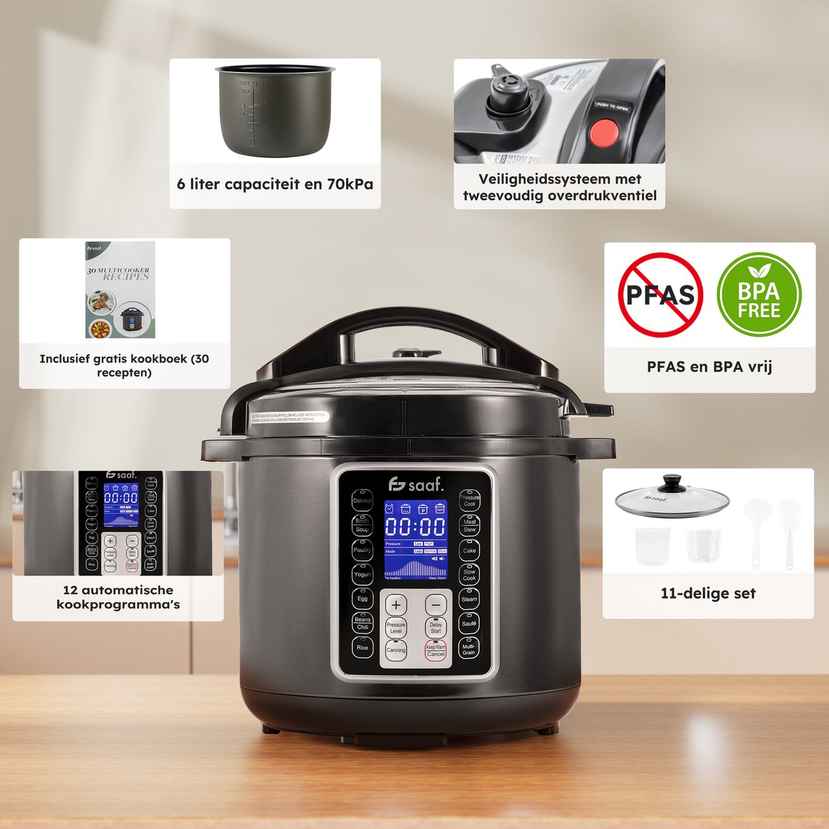Afbeelding 2 van Multicooker - 11-Delige Set - 6L - 12 Automatische Programma's - Slowcooker, Rijstkoker, Stomer, Snelkookpan - Grijs - van Saaf