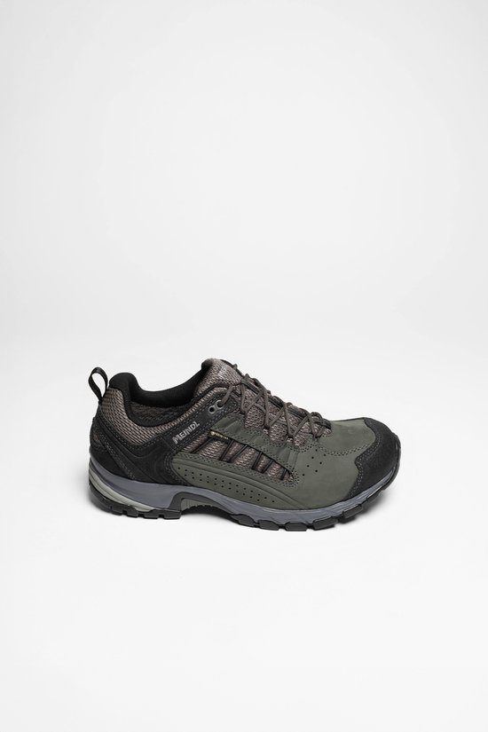 Paar donkergrijze lage wandelschoenen met Gore-Tex, suede en mesh bovenwerk.