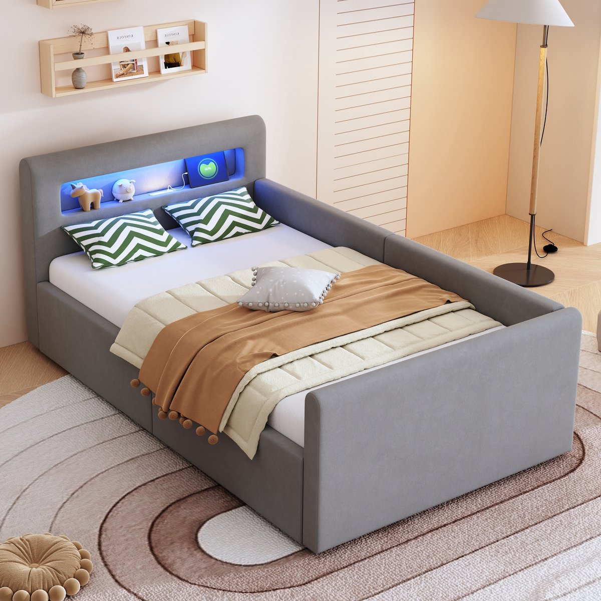 Gutent Kinderbed - 90*200 cm - met LED verlichting - USB oplaadpoort - met legplanken - hydraulische opbergruimte - velours stof -Lichtgrijs - Zonder matras