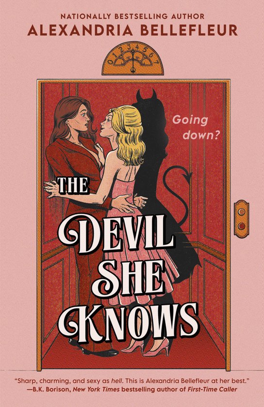 Boekomslag: Twee vrouwen omhelzen elkaar in een lift, met de schaduw van een duivel achter hen. Titel: 'The Devil She Knows'.