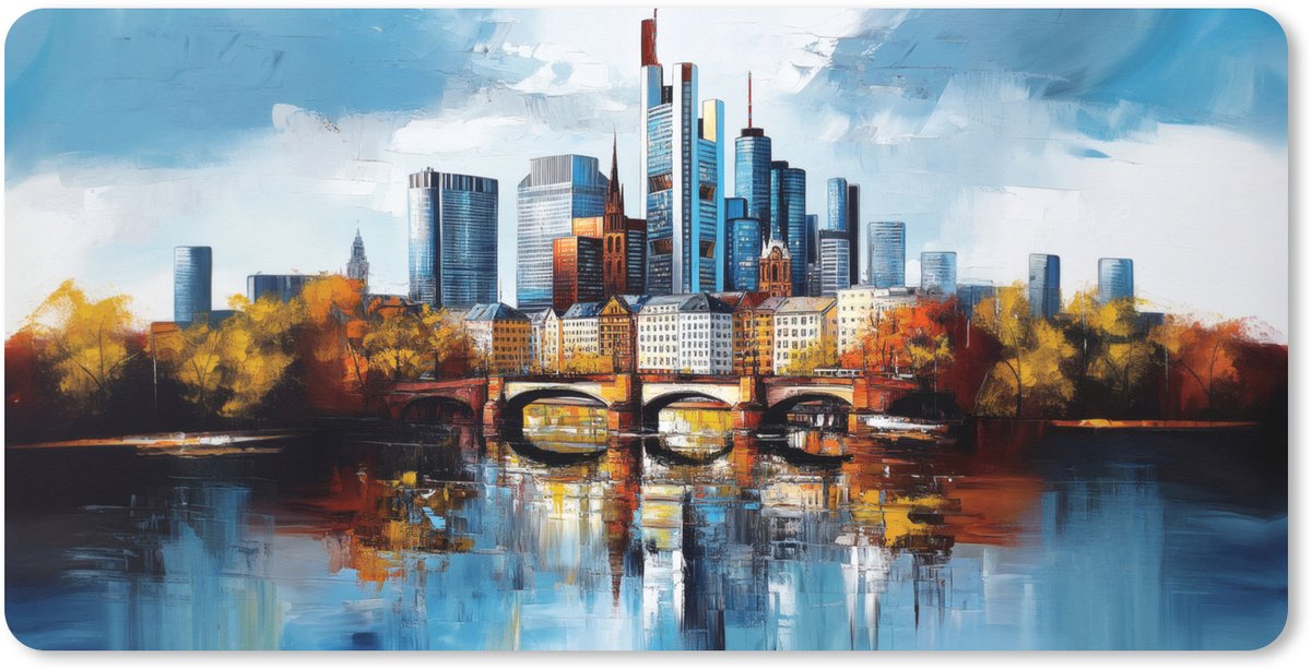 Muismat XXL 90x45 cm - Bureau onderlegger - Bureau mat Bomen Frankfurt- Stad - Skyline - Brug - Bureaumat - Gaming mousepad xl - Bureaulegger groot - Computer deskmat