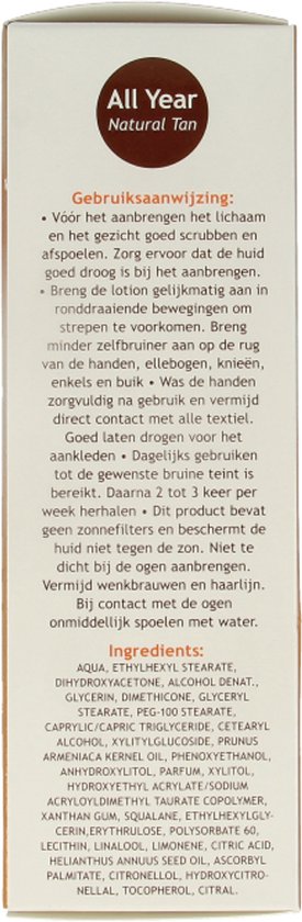 Gedetailleerde gebruiksaanwijzing en ingrediëntenlijst voor Vision All Year Natural Tan.