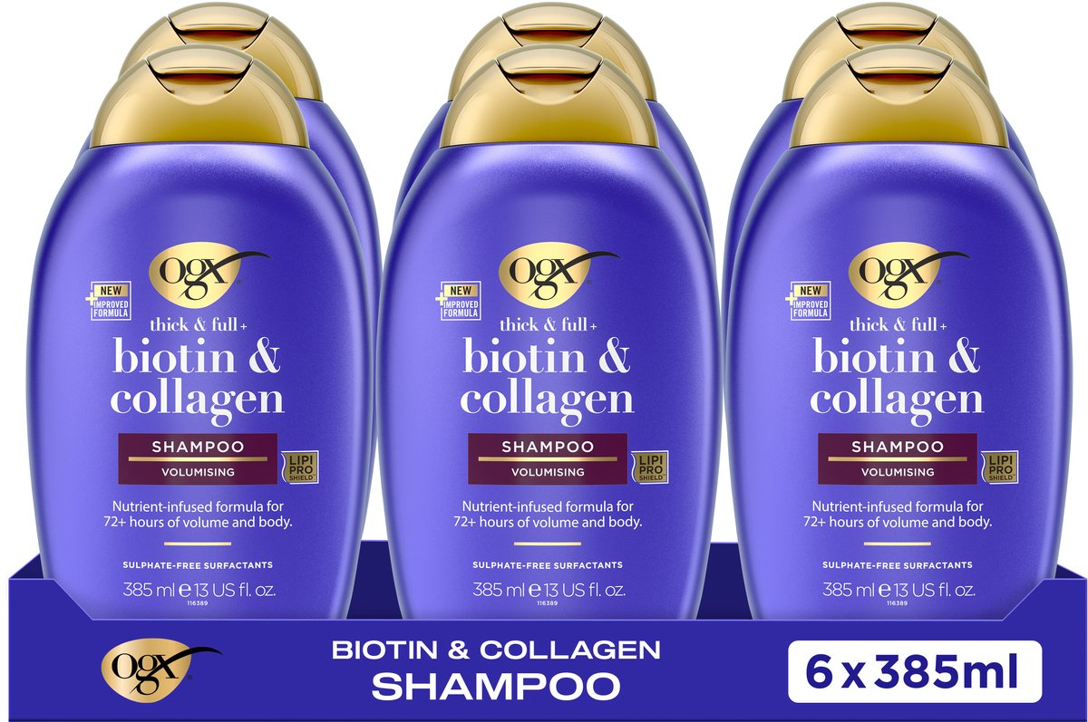 OGX Volumizing Shampoo Biotine & Collageen, Sulfaatvrij, 72+ uur Volume, Voor Dikker, Voller en Gezond Haar, 6x385 ml