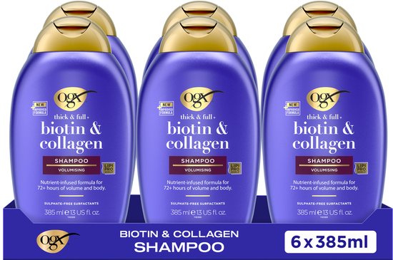 OGX Volumizing Shampoo Biotine & Collageen, Sulfaatvrij, 72+ uur Volume, Voor Dikker, Voller en Gezond Haar, 6x385 ml