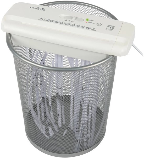 Crelando Opzet Papiervernietiger Wit - Uittrekbare telescooparm voor ronde of hoekige prullenbakken - Snijtype: strip-cut - Snijcapaciteit: max. 6 vel A4 (80 g/m²) - Automatische start/stop-functie