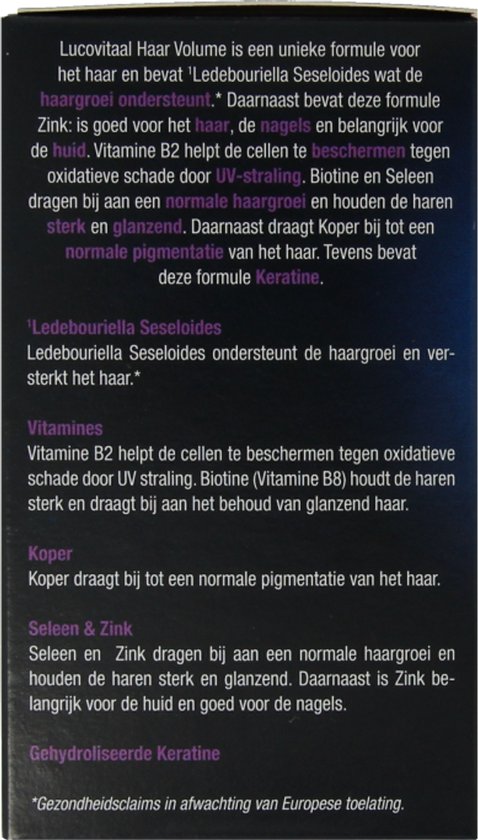 Zijkant van de doos met productinformatie over haarvolume.