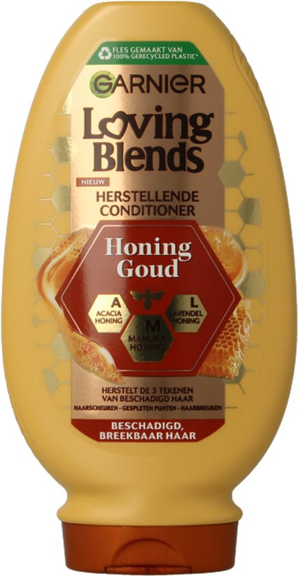 Garnier Loving Blends Honing Goud conditionerfles, 250ml. Gele fles met honingraatdesign. Met acacia en manuka honing.