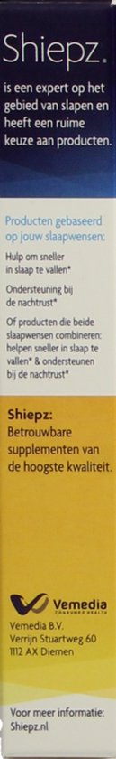 Doosje Shiepz met informatie over slaap en supplementen. Tekst in blauw en geel. Shiepz.nl.