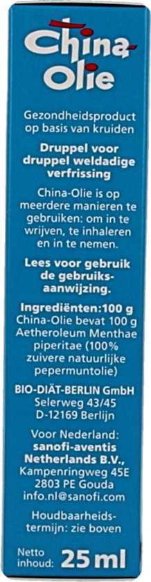 Gele verpakking China Olie, product op basis van kruiden, 25 ml. Vermeldt ingrediënten en contactgegevens.