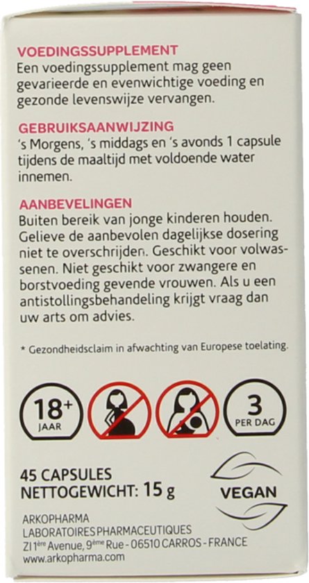 Achterkant van Arkopharma Moederkruid doosje met informatie en pictogrammen (18+, vegan).