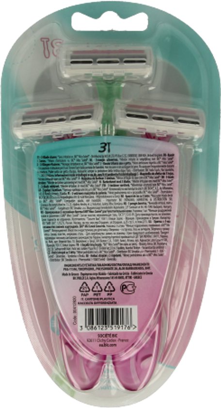 Achterkant verpakking met 3 BIC Miss Soleil Sensitive scheermesjes; 2 roze en 1 mintgroen.