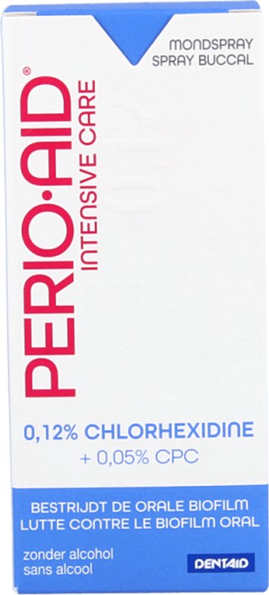 Doosje Perio-Aid Intensive Care mondspray, 0.12% chloorhexidine, 0.05% CPC, zonder alcohol.