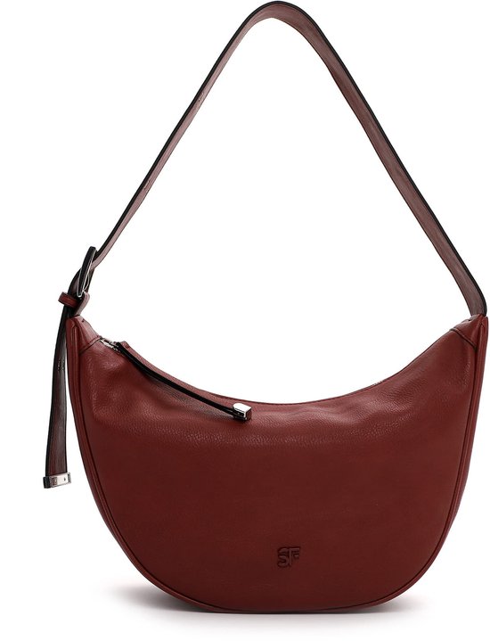 Rode (rood) leren schoudertas met zilverkleurige ritssluiting en merklogo.
