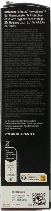 Achterkant van de verpakking van Braun Thermoscan 7 met informatie over inhoud, garantie en gebruik.