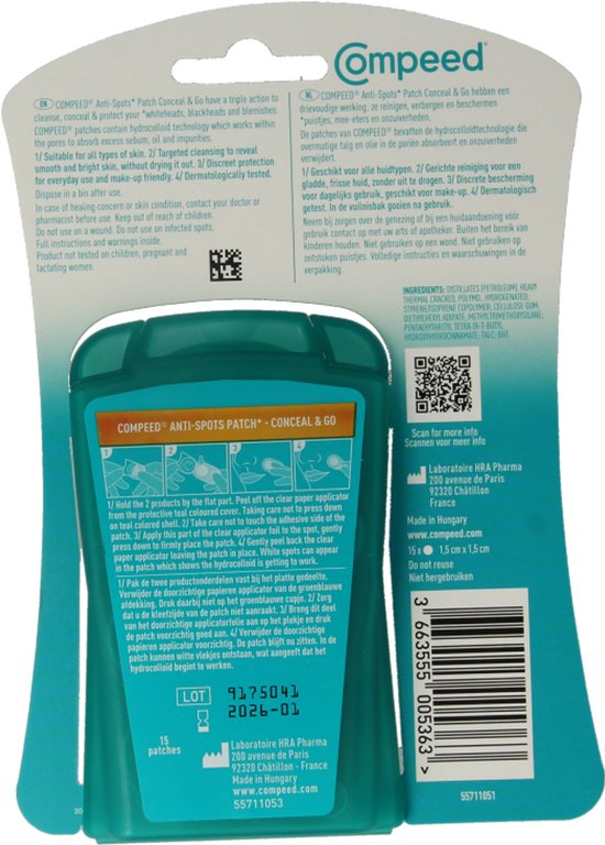 Achterkant Compeed Anti-Spots Patch verpakking met gebruiksaanwijzing en ingrediënten.