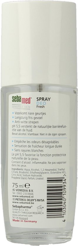 Achterkant van Sebamed Fresh Spray Deo flesje, met ingrediënten en gebruiksinstructies. 75 ml.