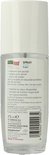 Achterkant van Sebamed Fresh Spray Deo flesje, met ingrediënten en gebruiksinstructies. 75 ml.