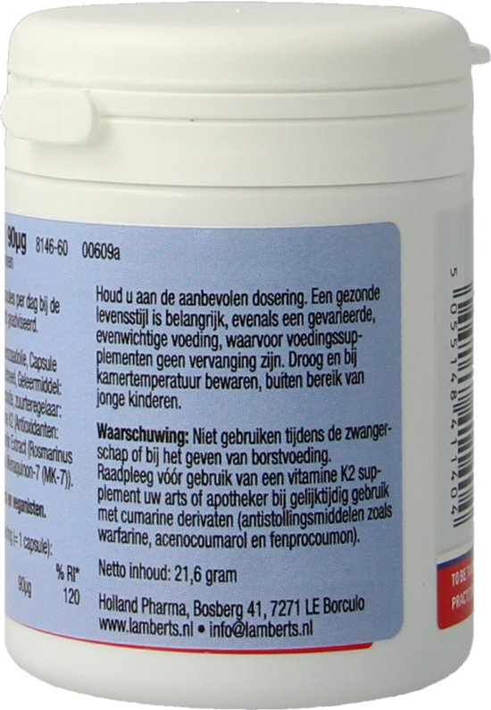 Achterkant van de verpakking met ingrediënten en gebruiksaanwijzing. Lamberts Vitamine K2.