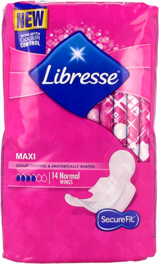 Roze verpakking van Libresse Maxi maandverband met 'Nieuw' en 'Geurcontrole'.